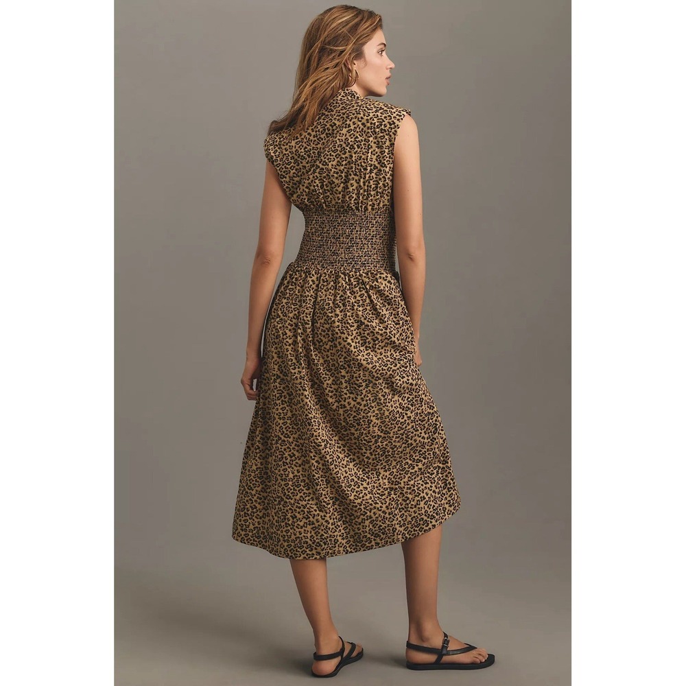 anthropologie Tommie Cap-Sleeve Smocked Front-Zip Midi Shirt Dress SZ S cheetah - Picture 2 of 5